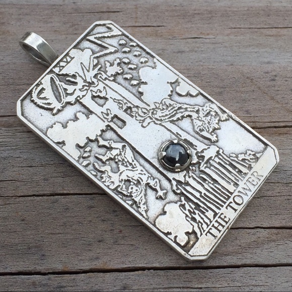 Tower Tarot Card Pendant .925 Sterling Silver w/ genuine Hematite gem USA - Picture 7 of 8